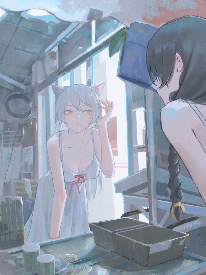 absurdres animal_ears bakeneko bathroom black_hair black_hanekawa braid breasts cat_ears cat_girl cleavage collarbone hair_down hand_in_own_hair hanekawa_tsubasa highres indoors leaning_forward long_hair looking_at_mirror medium_breasts mirror monogatari_(series) nightgown spaghetti_strap thien_ngo watercolor_effect white_hair white_nightgown yellow_eyes