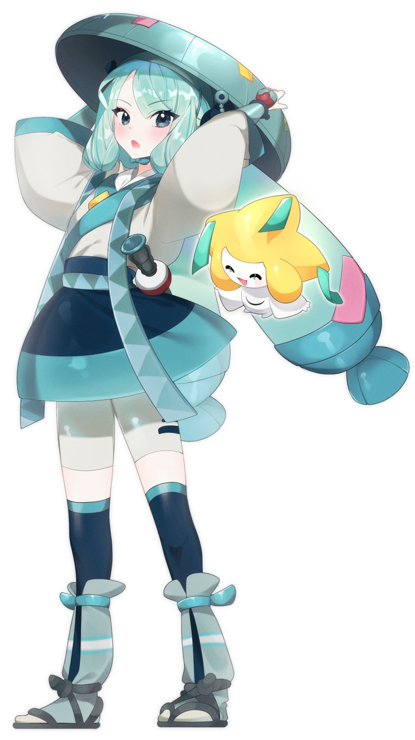1girl absurdres arms_up black_thighhighs blue_eyes blue_hair blush closed_eyes full_body hat hatsune_miku highres japanese_clothes jirachi k702193 looking_at_viewer official_alternate_costume open_mouth pokemon pokemon_(creature) project_voltage sandogasa simple_background socks steel_miku_(project_voltage) tabi thighhighs twintails vocaloid white_background zouri