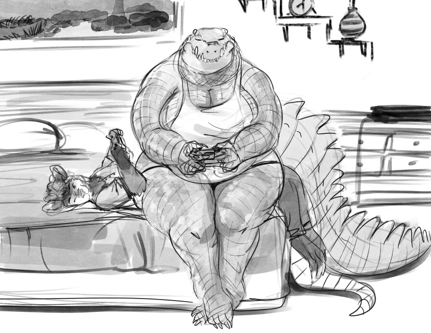 american_opossum anthro bed big_breasts big_tail breasts clothed clothing controller crocodile crocodilian crocodylid doctordj duo ethan_(garsupial) eyes_closed female furniture game_controller hi_res huge_tail larger_female larger_female_smaller_male male male/female mammal marsupial on_bed on_lap reptile scalie sharp_teeth shay_(doctordj) shirt simple_background sitting sitting_on_bed sitting_on_lap size_difference smaller_male tail tank_top teeth thick_thighs topwear wide_hips
