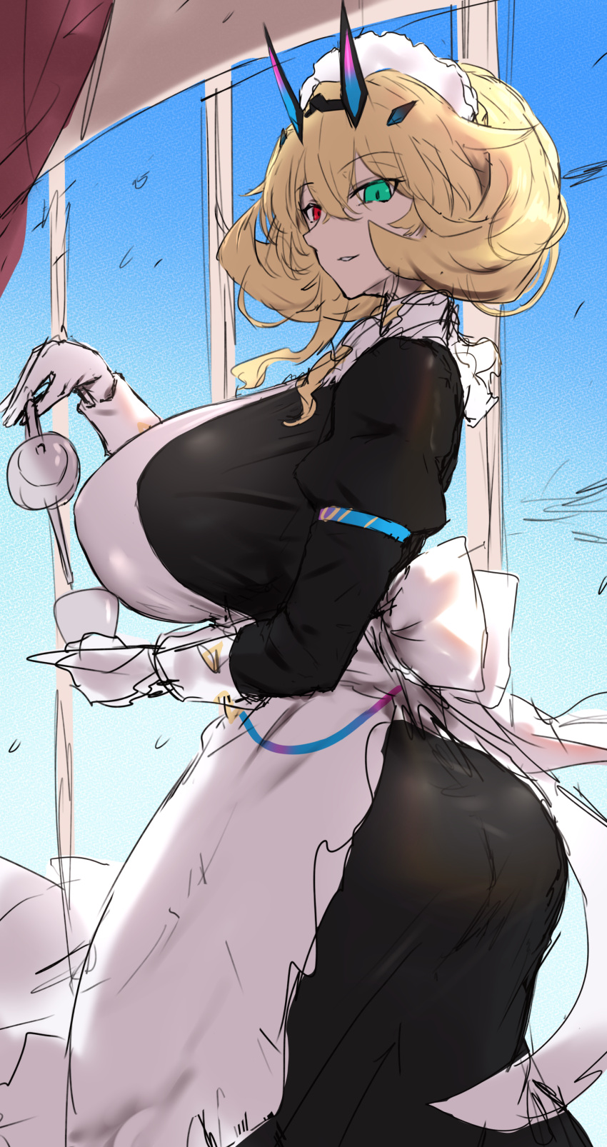 1girl absurdres apron ass barghest_(fate) barghest_(swimsuit_archer)_(fate) barghest_(swimsuit_archer)_(second_ascension)_(fate) black_dress blonde_hair breasts cup dress fate/grand_order fate_(series) gloves green_eyes heterochromia highres horns huge_breasts long_sleeves looking_at_viewer looking_back maid maid_headdress medium_hair red_eyes shiroshisu sketch smile solo teacup teapot white_apron white_gloves