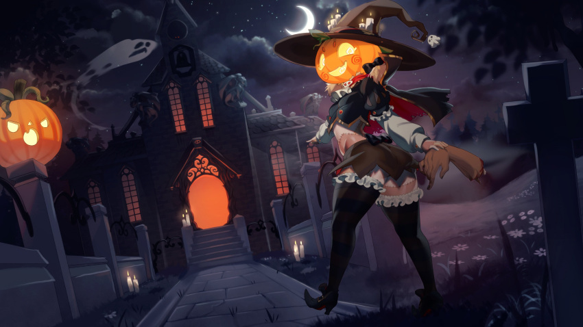 1girl absurdres ascot black_bow black_footwear black_headwear black_thighhighs bow building candle candle_on_head capelet church cloud cloudy_sky crescent_moon crop_top cross fence flower fog gargoyle ghost glowing grass grave hair_bow halloween hat highres jack-o'-lantern jack-o'-lantern_head looking_at_viewer looking_back monster_girl moon night niniidawns original pointy_footwear severed_arm severed_limb skirt sky solo stairs star_(sky) starry_sky stitches thighhighs twintails witch_hat