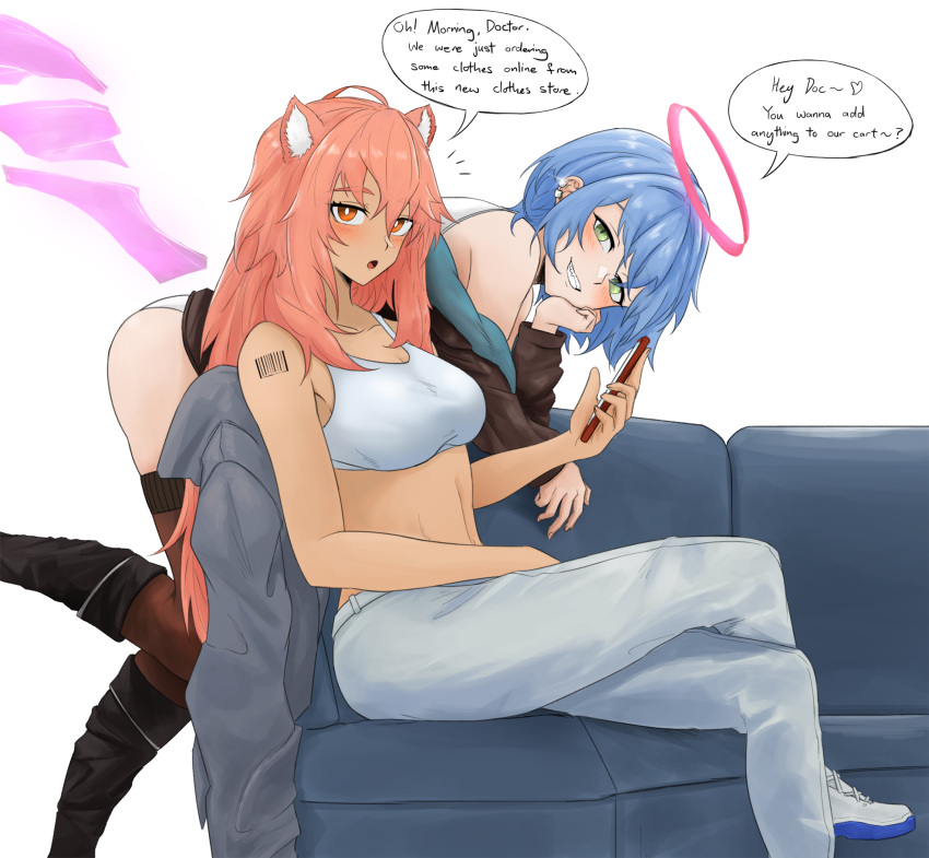 2girls :o animal_ears arknights barcode barcode_tattoo bare_arms bare_shoulders black_footwear blue_hair boots breasts bright_pupils commentary cosplay costume_switch couch crop_top dokonjou_(odossan) gravel_(arknights) gravel_(arknights)_(cosplay) green_eyes grin halo highres leggings long_hair looking_at_viewer medium_breasts midriff multiple_girls navel off_shoulder open_mouth pants pink_eyes pink_hair shoes shoulder_tattoo simple_background smile speech_bubble sports_bra spuria_(arknights) spuria_(arknights)_(cosplay) stomach tattoo white_background white_footwear white_pants white_pupils