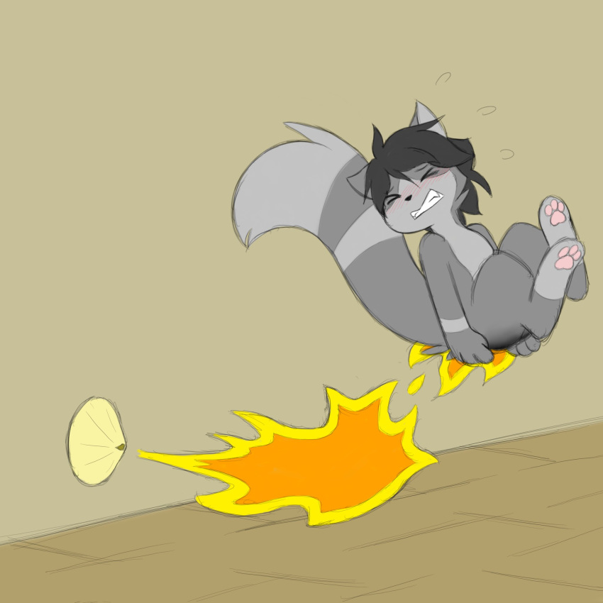 1:1 anthro black_hair burning butt butt_on_fire digital_media_(artwork) domestic_cat felid feline felis fire flamethrower fur grey_body grey_fur hair hi_res jineko_(artist) jineko_(character) male mammal multicolored_body multicolored_fur pain ranged_weapon solo tail trap_(contrivance) two_tone_body two_tone_fur weapon