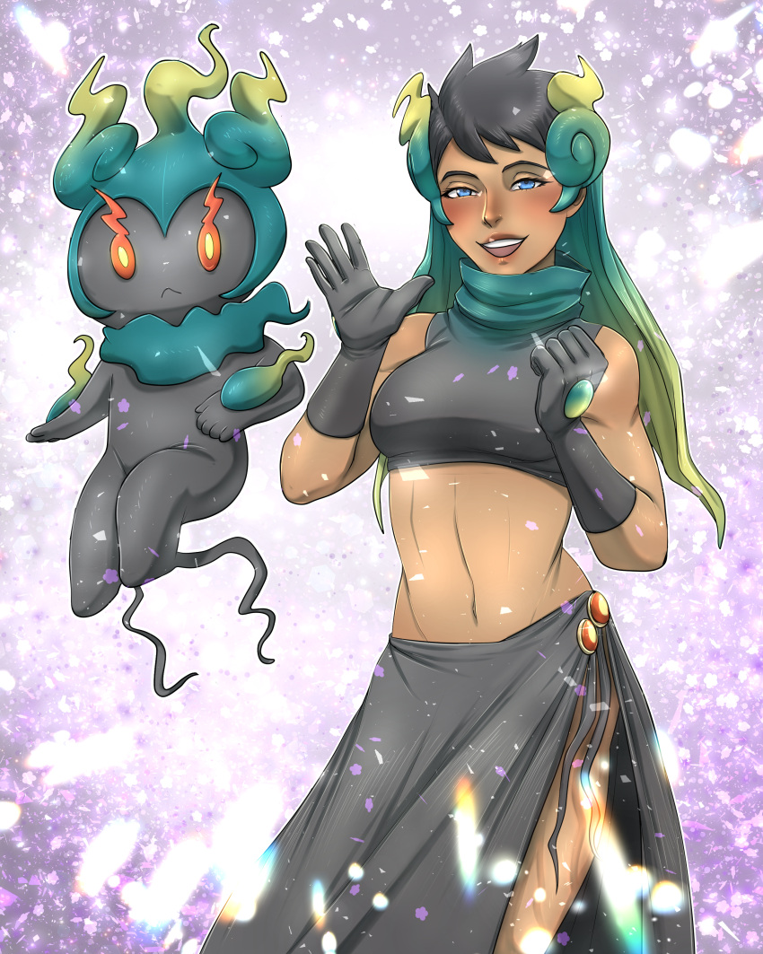 1girl absurdres bandeau bare_shoulders black_bandeau black_gloves black_hair black_sarong blue_eyes dark-skinned_female dark_skin gloves highres marshadow midriff navel open_mouth phoebe_(pokemon) pokemon pokemon_oras sarong short_hair smile solo tmwolf93