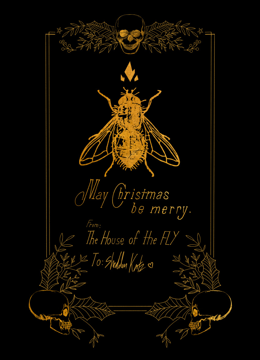 2022 2023 2_wings absurd_res ambiguous_gender arthropod arthropod_abdomen black_background bone cc-by-sa character_name christmas christmas_card compound_eyes creative_commons digital_drawing_(artwork) digital_media_(artwork) dipteran english_text feral front_view full-length_portrait heart_after_text heraldry hi_res holidays holly_(plant) insect insect_wings official_art plant portrait possumcrimes scp_foundation simple_background skull solo story_at_source teeth text whore_of_blood wings yellow_and_black