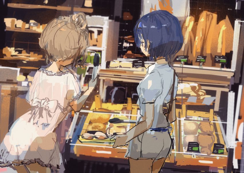 2girls arched_back back_bow baguette bakery belt blue_belt blue_eyes blue_hair blue_hairband bow bread breasts brown_hair cevio commentary_request cowboy_shot display dress facing_away food from_behind hair_bun hairband hand_up highres holding holding_tongs holding_tray indoors kabuyama_kaigi leaning_forward multiple_girls profile puffy_short_sleeves puffy_sleeves satou_sasara shop short_dress short_hair short_shorts short_sleeves shorts side_ponytail single_side_bun small_breasts suzuki_tsudumi tongs tray white_bow white_dress white_shorts