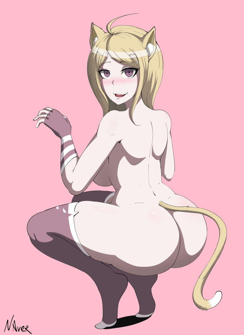 &lt;3 &lt;3_eyes ahoge alternate_species animal_ears animal_humanoid animal_tail big_breasts big_butt blonde_hair blush breasts butt cat_humanoid clothing crouching danganronpa danganronpa_v3 eyelashes felid felid_humanoid feline feline_humanoid female fingerless_gloves gloves hair handwear hi_res huge_butt humanoid kaede_akamatsu legwear looking_at_viewer looking_back looking_back_at_viewer mammal mammal_humanoid naver_(artist) nude open_mouth open_smile pink_background purple_clothing purple_eyes purple_gloves purple_handwear purple_legwear purple_thigh_highs rear_view simple_background smile solo tan_body tan_skin thick_thighs thigh_highs wide_hips