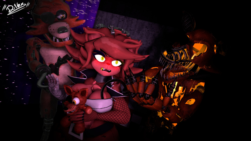 16:9 3d_(artwork) anthro big_breasts blush breasts canid canine cryptiacurves default16x digital_media_(artwork) eye_patch eyewear female fexa_(cally3d) fexa_(cryptiacurves) fishnet five_nights_at_freddy's flustered fox foxy_(fnaf) grim_foxy_(fnaf) group gynomorph hi_res hook humanoid intersex larger_male looking_at_another machine male mammal nervous plushie robot robot_humanoid scottgames size_difference smaller_female source_filmmaker steel_wool_studios thick_thighs trio widescreen