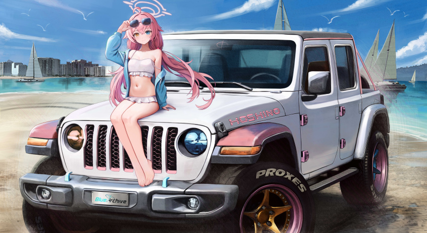 1girl absurdres adjusting_eyewear ahoge barefoot bikini blue_archive blue_eyes boat building car character_name commentary_request commission copyright_name eyewear_on_head frilled_bikini frills halo heterochromia highres hoshino_(blue_archive) hoshino_(swimsuit)_(blue_archive) jeep_(company) kcar66t long_hair looking_at_viewer motor_vehicle navel on_vehicle pickup_truck pink_hair pink_halo pixiv_commission sail sitting solo sports_utility_vehicle sunglasses swimsuit toes truck vehicle_focus watercraft white_bikini yellow_eyes