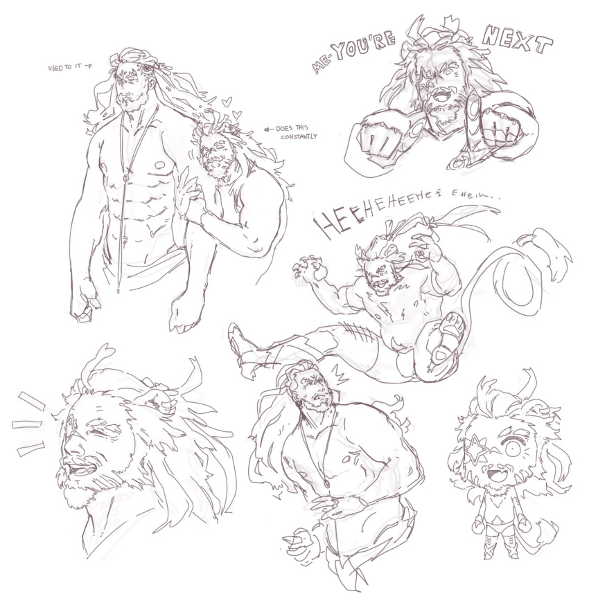 2boys animal_ears bara beard cat_boy cat_ears cat_tail chibi clinging daintydropkicks duplicate english_text eyepatch facial_hair fangs hairy_chest highres male_focus multiple_boys muscular muscular_male original pixel-perfect_duplicate plump_male sideburns sketch smile tail toeless_legwear topless_male