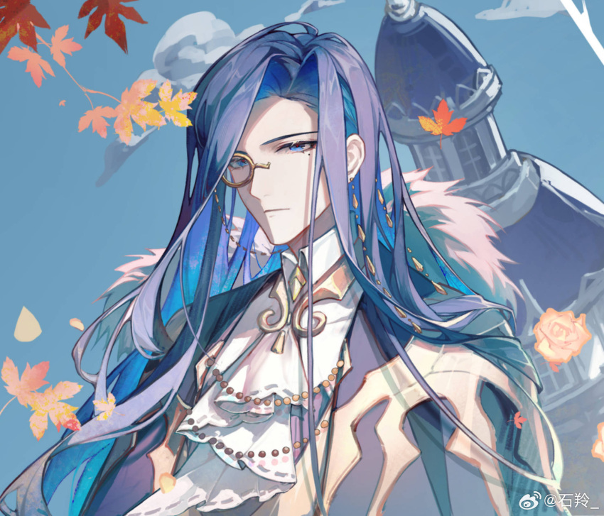 1boy ascot black_cape blue_background blue_eyes cape clarence_clayden closed_mouth cloud collared_shirt curtained_hair expressionless flower fur-trimmed_cape fur_trim highres leaf long_hair looking_at_viewer lovebrush_chronicles male_focus maple_leaf mole mole_under_eye monocle rose shiling shirt solo swept_bangs tower upper_body weibo_logo weibo_username white_ascot white_shirt yellow_flower yellow_rose