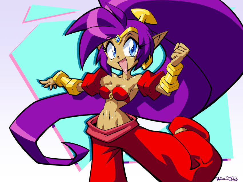 blue_eyes breasts clothing ear_piercing ear_ring female footwear genie hair hi_res humanoid humanoid_pointy_ears long_hair looking_at_viewer not_furry open_mouth open_smile piercing ponytail purple_hair ring_piercing rongs1234 shantae shantae_(series) signature simple_background smile solo tan_body tan_skin wayforward