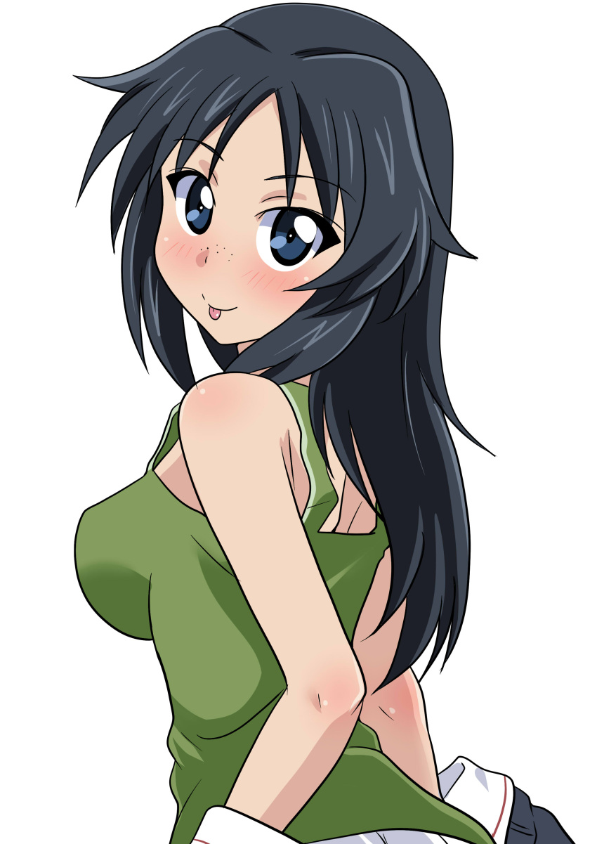 1girl :p absurdres blue_eyes blue_hair blue_jacket closed_mouth commentary freckles from_behind girls_und_panzer green_tank_top highres jacket jacket_pull long_hair looking_at_viewer looking_back military_uniform ooarai_military_uniform pleated_skirt simple_background skirt smile solo standing tank_top tongue tongue_out uniform wakku_kan white_background white_skirt yamagou_ayumi