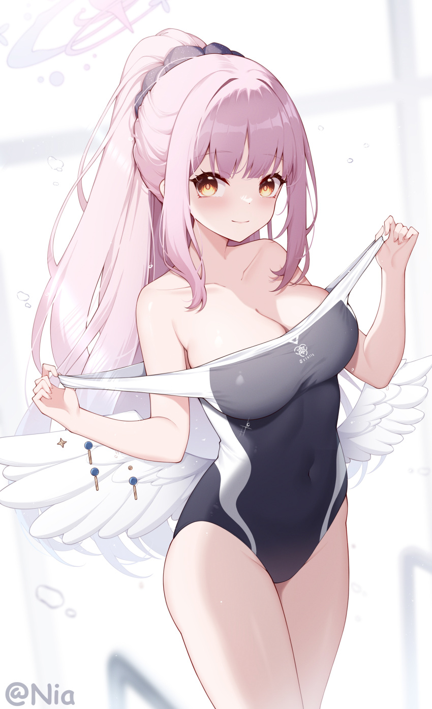 1girl absurdres angel_wings ass bare_arms bare_legs bare_shoulders black_one-piece_swimsuit blue_archive blush breasts cleavage closed_mouth collarbone cowboy_shot feathered_wings halo highres large_breasts long_hair looking_at_viewer mika_(blue_archive) one-piece_swimsuit pink_hair pink_halo poinia ponytail smile solo swimsuit twitter_username white_wings wings yellow_eyes