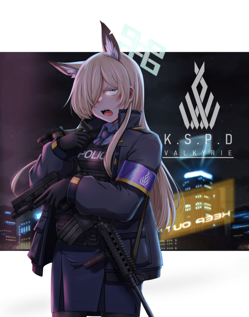 animal_ears armband assault_rifle black_gloves black_pantyhose blonde_hair blue_archive blue_eyes blue_halo blue_jacket blue_necktie blue_skirt border cityscape collared_shirt commentary_request dog_ears english_text flashlight glock gloves gun gun_sling halo handgun hands_up high_collar highres holding holding_weapon jacket long_hair long_sleeves looking_at_viewer m4_carbine necktie open_clothes open_jacket open_mouth pantyhose plate_carrier police rifle sekino_takehiro sharp_teeth shirt skirt teeth tongue trigger_discipline upper_body vertical_foregrip weapon white_border