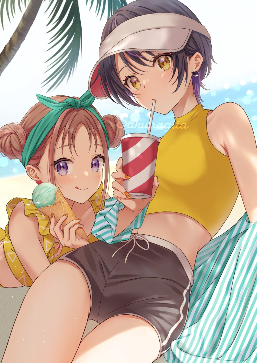 2girls beach black_hair blush brown_hair crop_top cup day disposable_cup double_bun drinking earrings food hair_bun hairband halter_shirt halterneck heart heart_earrings highres holding holding_cup holding_food holding_ice_cream holding_ice_cream_cone ice_cream ice_cream_cone jewelry looking_at_viewer looking_to_the_side lying midriff multicolored_hair multiple_girls nail_polish off_shoulder on_stomach original palm_tree parted_bangs purple_hair sakunagita shirt short_shorts shorts sitting sleeveless sleeveless_shirt smile striped striped_shirt thigh_gap tongue tongue_out tree visor_cap yellow_eyes