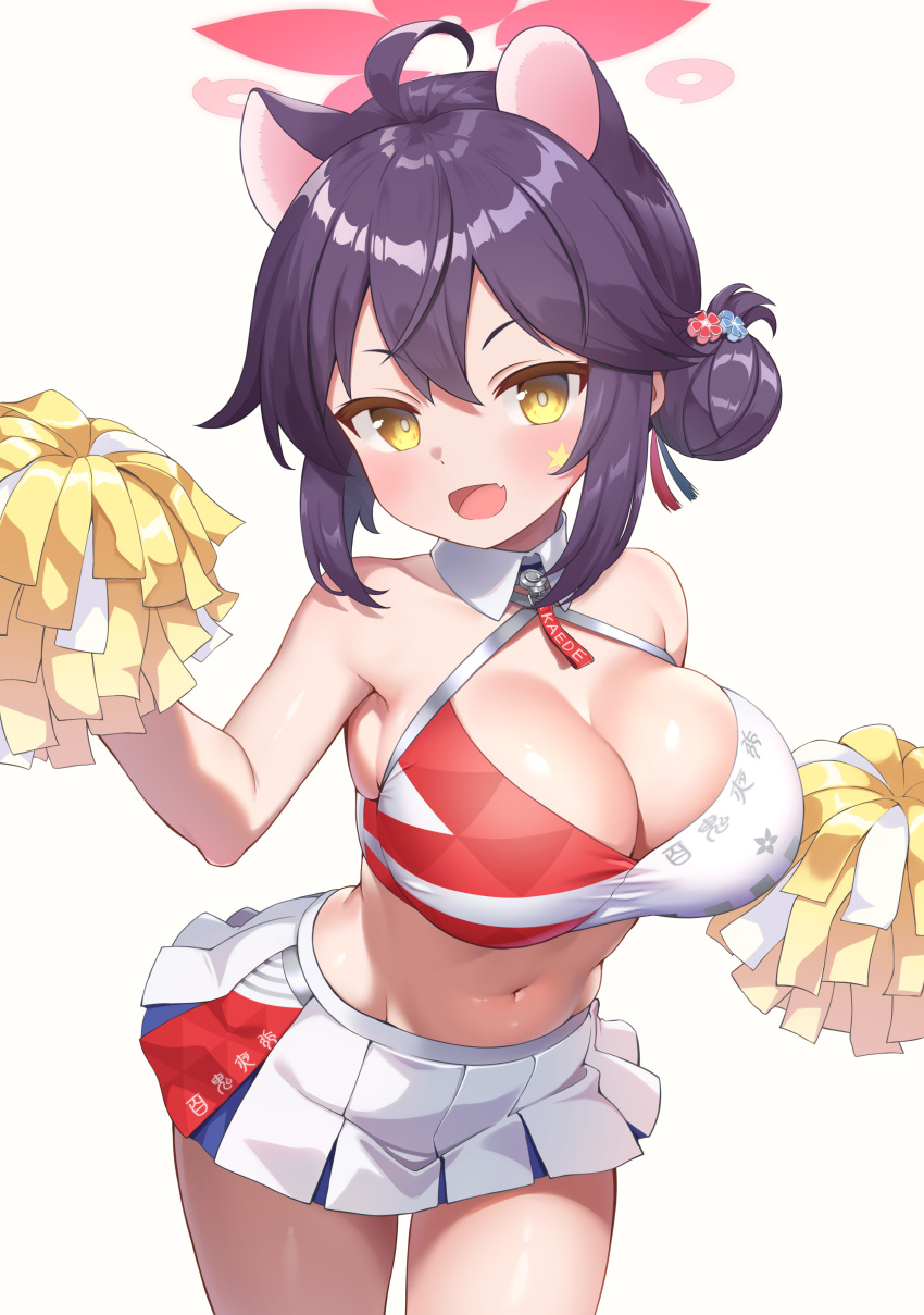 1girl absurdres animal_ears black_hair blue_archive blush breasts cheerleader cowboy_shot detached_collar hair_between_eyes hair_bun halo highres holding holding_pom_poms huge_breasts kaede_(blue_archive) millennium_cheerleader_outfit_(blue_archive) navel open_mouth pink_halo pom_pom_(cheerleading) short_hair simple_background single_side_bun skirt smile solo sonao white_background white_skirt yellow_eyes