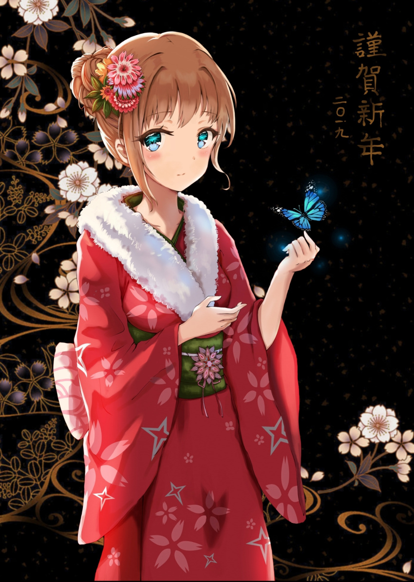 1girl black_background black_flower blue_butterfly blue_eyes bug butterfly floral_background flower hair_bun hair_flower hair_ornament highres japanese_clothes kimono light_brown_hair original pink_flower red_flower red_kimono solo standing sylnice white_flower yellow_flower