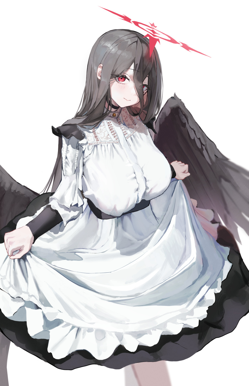 1girl absurdres black_dress black_hair black_wings blue_archive breasts closed_mouth dotthebot dress feathered_wings feet_out_of_frame hair_between_eyes halo hasumi_(blue_archive) highres large_breasts long_hair long_sleeves looking_at_viewer red_eyes red_halo simple_background solo white_background white_dress wings