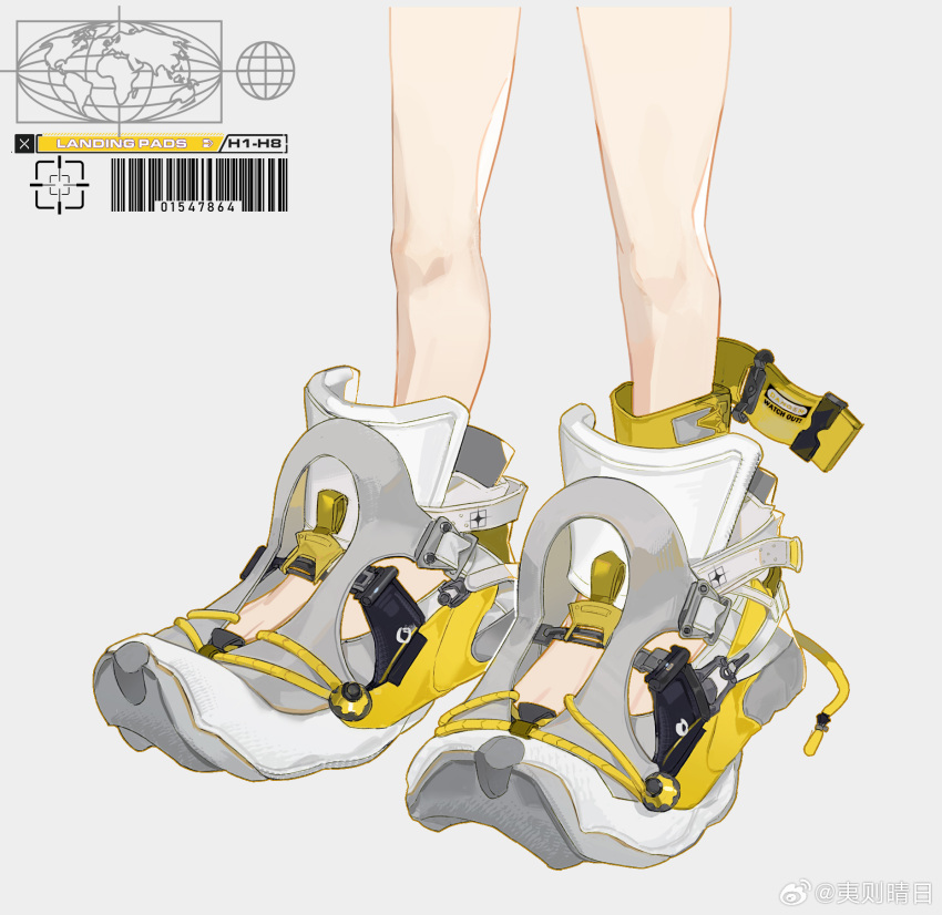 1other ambiguous_gender barcode bare_legs chinese_commentary commentary_request english_text feet_only grey_background highres logo shoes simple_background sneakers splatoon_(series) watermark weibo_logo weibo_username yellow_footwear yize_qingri