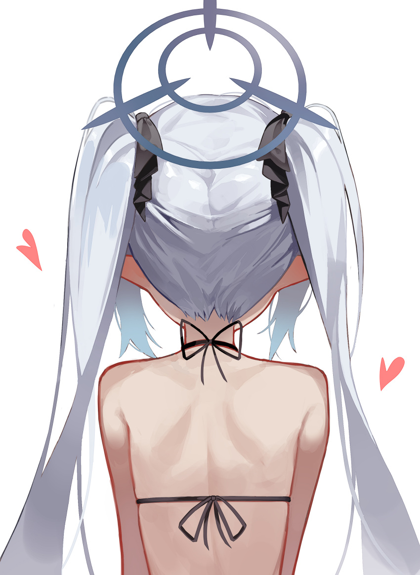 1girl absurdres alpha_beast back black_ribbon blue_archive dark-skinned_female dark_skin from_behind grey_hair grey_halo hair_ribbon halo heart highres iori_(blue_archive) long_hair pointy_ears ribbon simple_background solo upper_body white_background