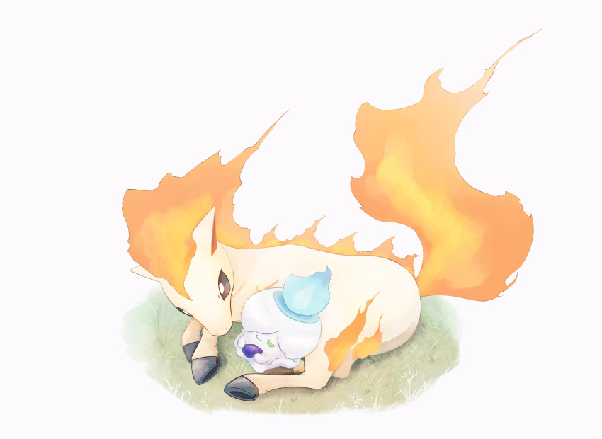 absurdres alternate_color black_eyes blue_fire closed_eyes closed_mouth fire fireblast highres horse litwick no_humans on_grass pokemon pokemon_(creature) ponyta shiny_pokemon simple_background sitting smile white_background