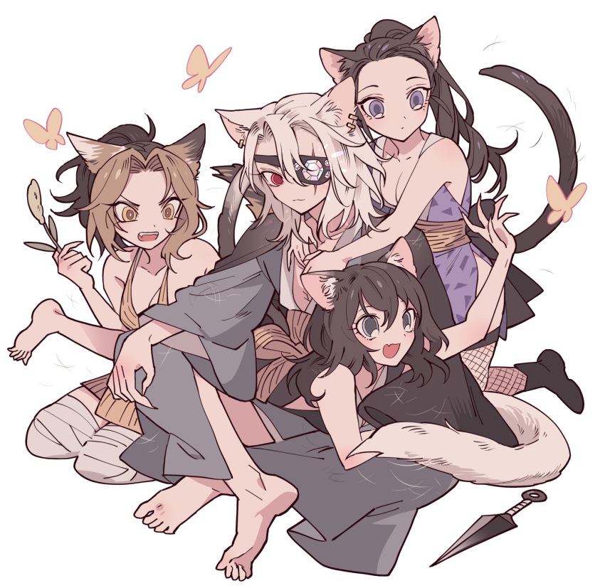 1boy 3girls :d animal_ear_fluff animal_ears annoyed arm_up bandaged_leg bandages bare_shoulders barefoot black_hair blonde_hair breasts bug butterfly cat_boy cat_ears cat_girl cat_tail cleavage eyepatch fang fishnet_thighhighs fishnets grey_kimono hair_pulled_back harem highres hinatsuru_(kimetsu_no_yaiba) husband_and_wife husband_and_wives japanese_clothes kemonomimi_mode kimetsu_no_yaiba kimono kunai large_breasts long_hair long_sleeves looking_at_another lying_on_lap makio_(kimetsu_no_yaiba) meremero mole mole_under_eye multicolored_hair multiple_girls open_mouth polygamy ponytail purple_eyes red_eyes simple_background sitting sleeveless sleeveless_kimono smile suma_(kimetsu_no_yaiba) tail thighhighs two-tone_hair uzui_tengen weapon white_background white_hair