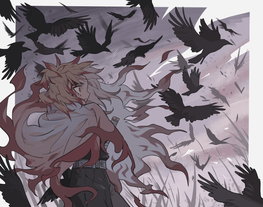 1boy belt bird black_pants blonde_hair blood blood_from_mouth blood_on_face cape colored_tips crow demon_slayer_uniform flame_print floating_clothes forked_eyebrows from_side grass grey_sky highres katana kimetsu_no_yaiba long_hair looking_ahead male_focus meremero multicolored_hair outdoors pants parted_lips profile red_hair rengoku_kyoujurou sad sky solo standing sword too_many too_many_birds weapon white_cape wind yellow_eyes