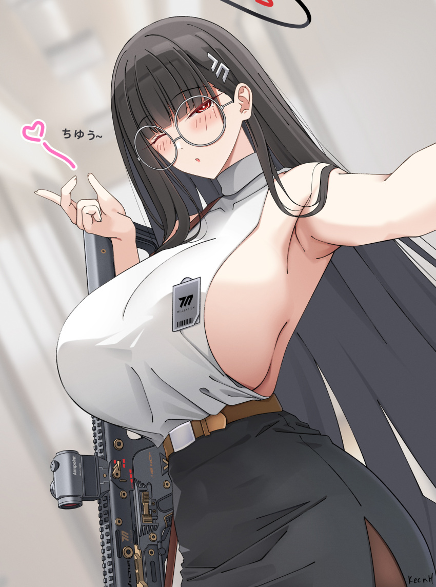 1girl armpits bad_anatomy bad_arm bespectacled black_hair black_skirt blue_archive blush breasts brown_pantyhose cowboy_shot glasses gun hair_ornament hairpin halo heart highres keenh kriss_vector large_breasts long_hair looking_at_viewer one_eye_closed pantyhose parted_lips pencil_skirt red_eyes rio_(blue_archive) round_eyewear shirt sideboob signature skirt solo submachine_gun weapon white_shirt