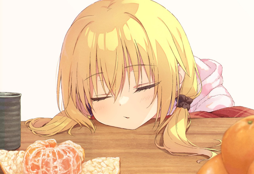 1girl black_scrunchie blonde_hair blush chitose_sana closed_eyes cofetaru commentary eyelashes food fruit hair_between_eyes hair_ornament hair_scrunchie hair_spread_out head_on_table kotatsu long_hair low_twintails mandarin_orange parted_lips scrunchie simple_background sleeping solo table tenshinranman twintails under_kotatsu under_table white_background