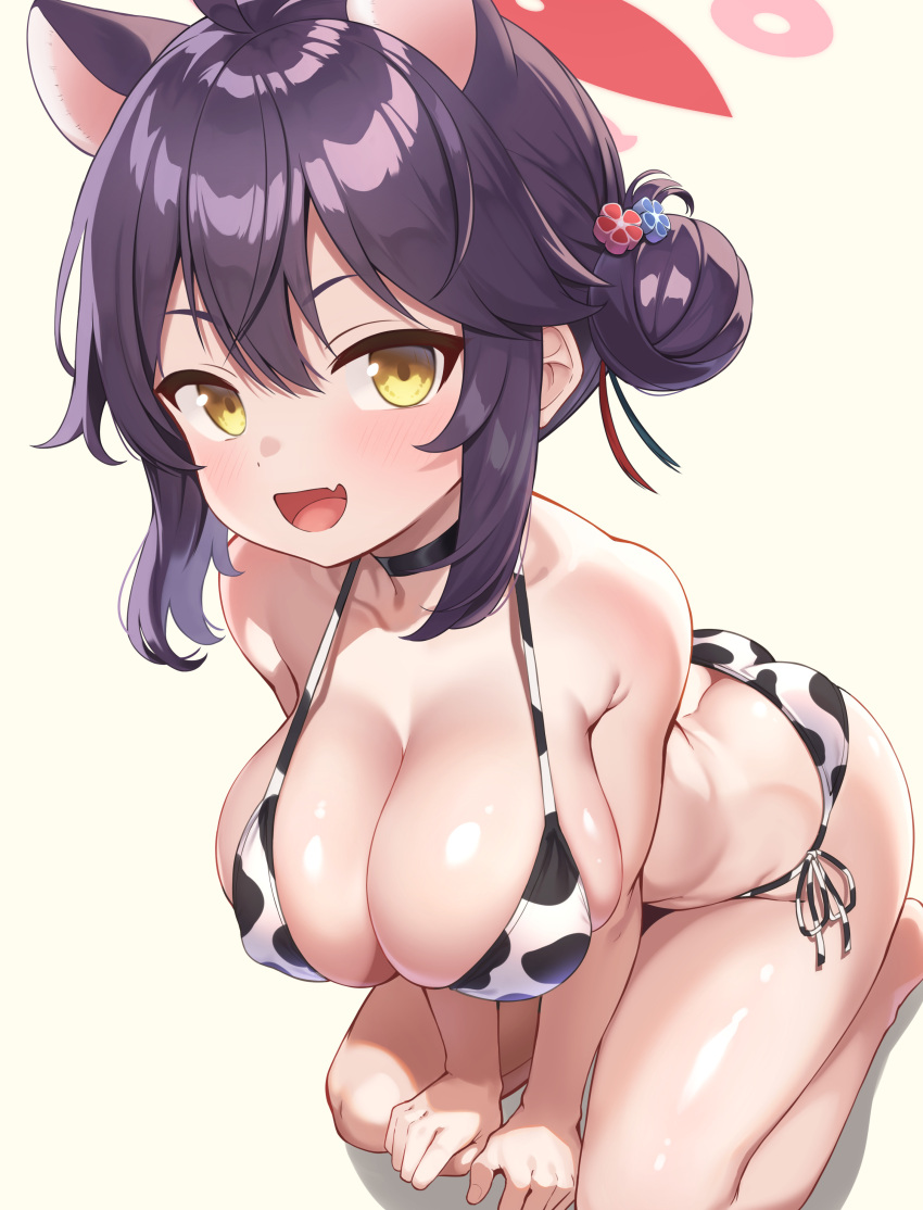 1girl :d absurdres ahoge alternate_costume animal_ears animal_print ass bikini black_choker blue_archive blush breasts brown_hair bursting_ass bursting_breasts butt_crack choker cow_print cow_print_bikini fang flower hair_bun hair_flower hair_ornament halo highres kaede_(blue_archive) large_breasts looking_at_viewer oppai_loli print_bikini side-tie_bikini_bottom sideboob skin_fang skindentation smile solo sonao swimsuit thighs tight_clothes undersized_clothes yellow_eyes