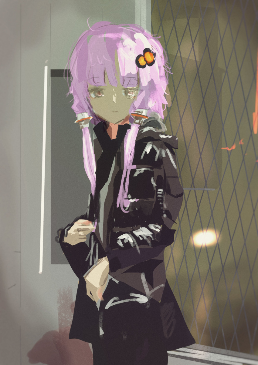 1girl absurdres alternate_costume black_jacket black_pants closed_mouth commentary_request cowboy_shot door down_jacket expressionless hair_ornament highres indoors jacket kabuyama_kaigi looking_at_viewer metal_wire pants purple_hair short_hair_with_long_locks solo standing vocaloid voiceroid window yuzuki_yukari