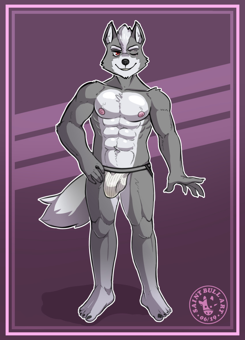 2019 4_toes 5_fingers abs absurd_res alternate_version_at_source anthro artist_name athletic athletic_male belly black_nose black_seam_underwear bulge canid canine canis claws clothed clothing colored_seam_underwear digital_media_(artwork) eye_scar eyebrows facial_scar feet fingers fluffy fluffy_tail front_view fur grey_body grey_fur hair hi_res jockstrap jockstrap_only looking_at_viewer male mammal muscular navel nintendo nipples one_eye_closed outline pecs pinup plantigrade pose quads red_eyes saintbullart scar simple_background smile solo standing star_fox tail toes topless underwear underwear_only watermark white_belly white_clothing white_eyebrows white_hair white_jockstrap white_outline white_underwear wink wolf wolf_o'donnell