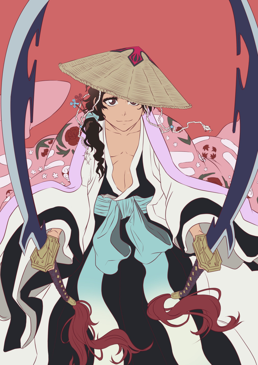 1boy absurdres aged_down black_kimono bleach brown_eyes brown_hair closed_mouth commentary english_commentary eyelashes feet_out_of_frame floral_print hair_ornament hair_stick hat highres holding holding_sword holding_weapon japanese_clothes katen_kyoukotsu_(shikai) kimono kyouraku_shunsui layered_clothes layered_kimono long_hair looking_at_viewer pink_kimono ponytail red_background shikai simple_background smile solo sonzhondaya straw_hat sword wavy_hair weapon white_kimono