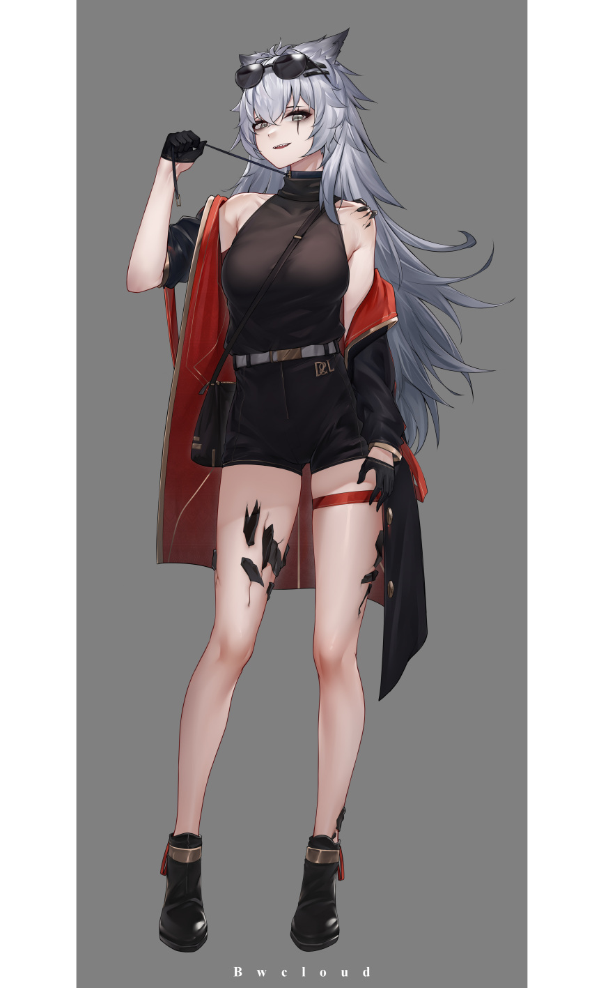 1girl :d absurdres arknights bwcloud commentary_request eyewear_on_head grey_background grey_eyes grey_hair hair_ornament hairclip highres lappland_(arknights) long_hair looking_at_viewer open_mouth sharp_teeth smile solo sunglasses teeth very_long_hair