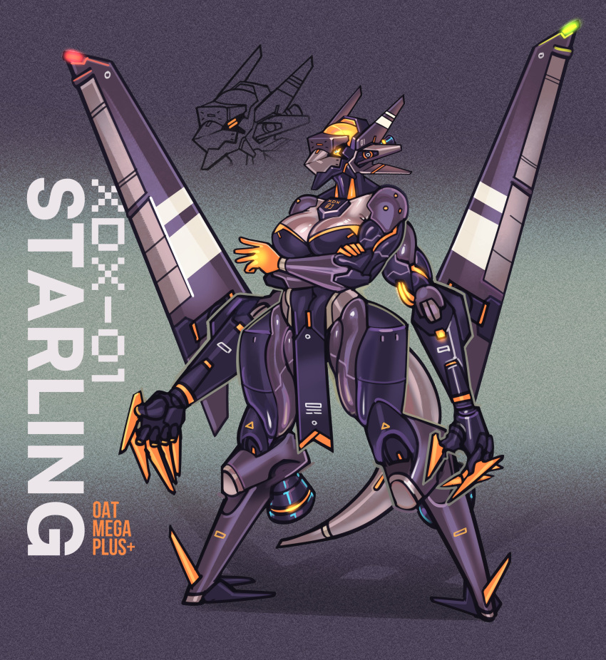 2024 4_arms 5_fingers absurd_res aircraft anthro arm_under_breasts big_breasts black_body breasts cleavage clothed clothing crossed_arms english_text female fingers grey_body hi_res living_aircraft living_machine living_vehicle machine multi_arm multi_limb multicolored_body oatmegaplus orange_body robot solo standing text vehicle xdx-01_starling yellow_eyes