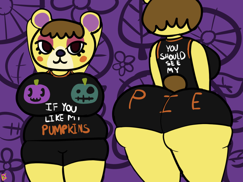 animal_crossing anthro bear bedroom_eyes big_breasts big_butt bottomwear breasts butt clothing female hands_behind_head hi_res hotpants klutzatdusk looking_at_viewer mammal narrowed_eyes nintendo seductive shirt shorts solo tammy_(animal_crossing) tank_top tight_clothing topwear workout_clothing