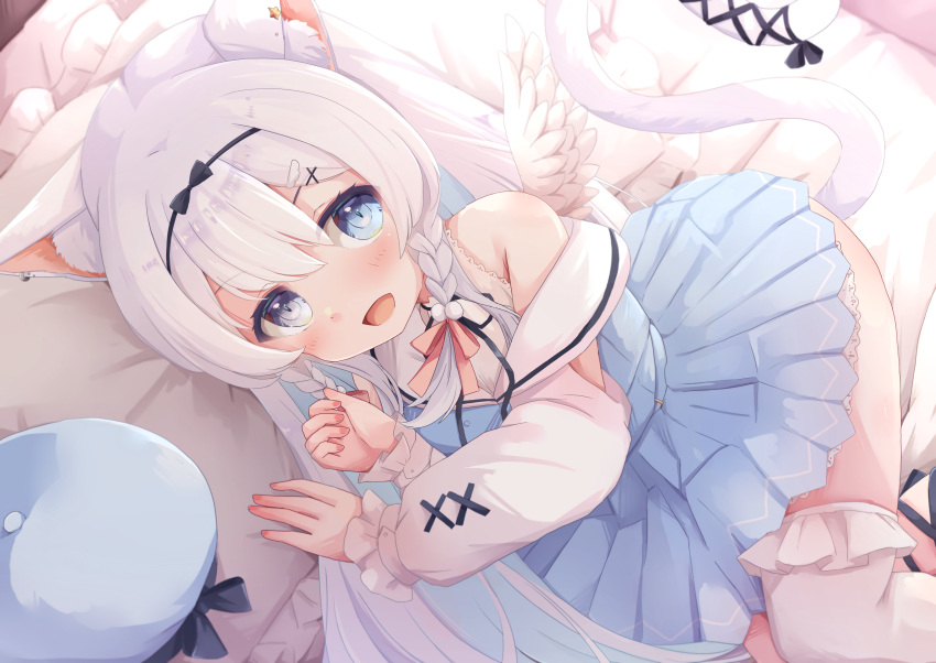 1girl animal_ear_fluff animal_ears black_bow blue_eyes blue_hair blue_headwear blue_skirt bow braid cat_ears cat_girl cat_tail colored_inner_hair frilled_sleeves frilled_socks frills hair_bow hair_ornament hat heterochromia highres indie_virtual_youtuber lace-trimmed_shirt lace-trimmed_skirt lace_trim long_hair looking_at_viewer multicolored_hair nail_polish nyxerebos on_bed open_mouth pillow pink_bow pink_nails pleated_skirt purple_eyes shirt side_braids skirt slit_pupils socks solo sorashi_purumu tail tail_ornament two-tone_hair unworn_hat unworn_headwear virtual_youtuber white_hair white_shirt white_socks white_wings wings x_hair_ornament
