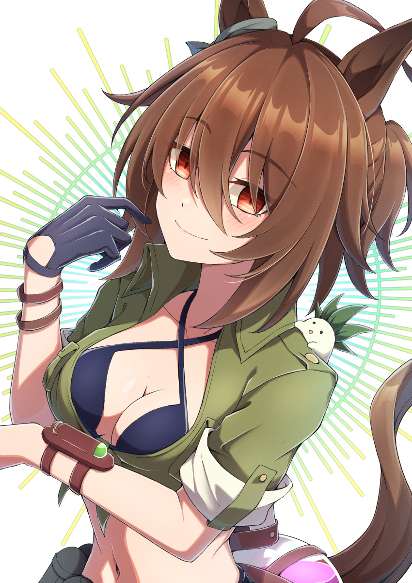 1girl absurdres agnes_tachyon_(lunatic_lab)_(umamusume) agnes_tachyon_(umamusume) ahoge animal_ears belt bikini black_bikini black_gloves blush breasts brown_hair cleavage collarbone criss-cross_halter cropped_torso dated ear_ornament flask gloves green_jacket grin hair_between_eyes hair_bun halterneck highres horse_ears horse_girl jacket kii-kun_(agnes_tachyon)_(umamusume) looking_at_viewer navel official_alternate_costume official_alternate_hairstyle red_eyes round-bottom_flask ruisuke short_hair short_sleeves signature simple_background single_glove small_breasts smile solo sparkle swimsuit tied_jacket umamusume upper_body white_background