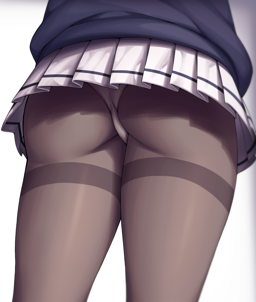 1girl absurdres ass ass_focus black_jacket black_pantyhose blue_archive dated_commentary head_out_of_frame highres jacket kazusa_(blue_archive) metaljelly panties panties_under_pantyhose pantyhose pleated_skirt simple_background skirt solo thighband_pantyhose underwear white_background white_panties white_skirt