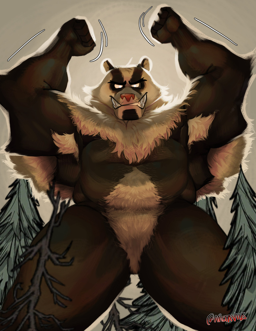 2023 5_fingers absurd_res anthro arctavius arm_hair badger bear bearger_(species) belly body_hair chest_tuft crotch_tuft don't_starve facial_hair featureless_crotch fingers goatee hi_res hybrid klei_entertainment looking_at_viewer looking_down looking_down_at_viewer low-angle_view male mammal muscular muscular_anthro muscular_male mustelid musteline nude plant raised_arms shaded signature solo teeth tree tuft