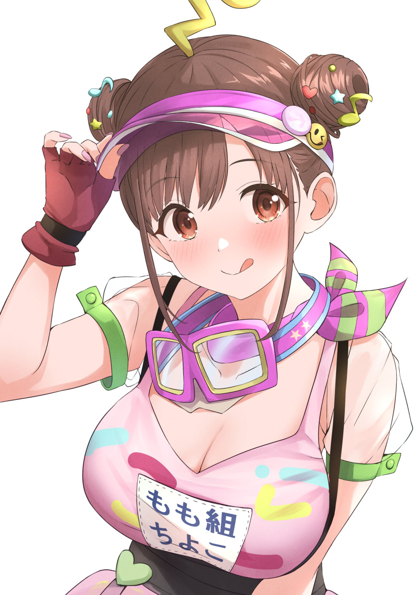 1girl absurdres b1ack_illust blush breasts brown_eyes brown_hair cleavage collarbone double_bun fingerless_gloves gloves goggles hair_bun hair_ornament highres idolmaster idolmaster_shiny_colors large_breasts nail_polish pink_headwear pink_shirt see-through see-through_sleeves shirt short_sleeves simple_background smile solo sonoda_chiyoko tongue tongue_out visor_cap white_background