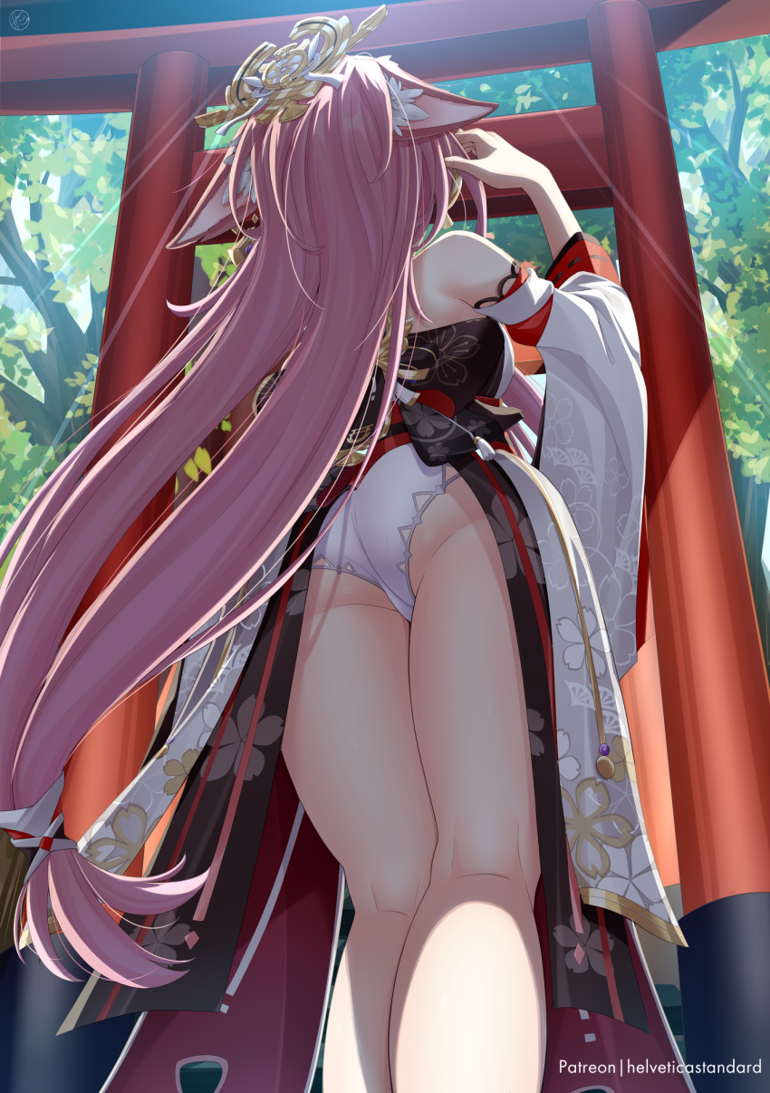 1girl animal_ear_fluff animal_ears ass back backlighting blurry commentary depth_of_field detached_sleeves fox_ears fox_girl from_behind from_below genshin_impact hair_ornament helvetica_std highres kneepits long_hair long_sleeves nontraditional_miko outdoors panties pink_hair ribbon-trimmed_sleeves ribbon_trim sidelocks solo torii underwear white_panties wide_sleeves yae_miko
