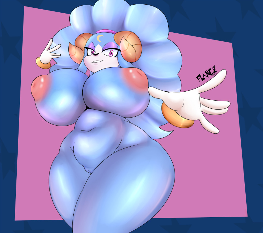 2024 5_fingers anthro ariem_(sonic) big_breasts black_nose bovid breasts caprine digital_media_(artwork) female fingers flamez genitals hi_res horn huge_breasts looking_at_viewer mammal pussy sheep simple_background solo sonic_dream_team