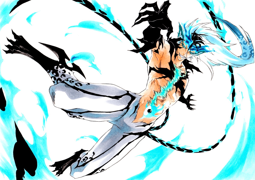 1boy abs absurdres alternate_form animal_ears animal_feet arrancar bleach bleach:_brave_souls blue_eyes blue_fire blue_hair blue_sclera clawed_feet claws collarbone colored_sclera commentary commission dynamic_pose english_commentary evil_grin evil_smile eyeshadow fangs fiery_tail fire floating floating_hair full_body glowing_scar grimmjow_jaegerjaquez grin hair_between_eyes highres hogyoku_(bleach) hollow_(bleach) incoming_attack jaguar_ears jaguar_print ken'ichi_(ken1ro_u) leg_blade long_hair makeup male_focus monster_boy multicolored_hair multiple_tails navel outstretched_arm pointy_ears reaching reaching_towards_viewer resurreccion scar second-party_source skeb_commission smile tail topless_male two-tone_hair two_tails white_background