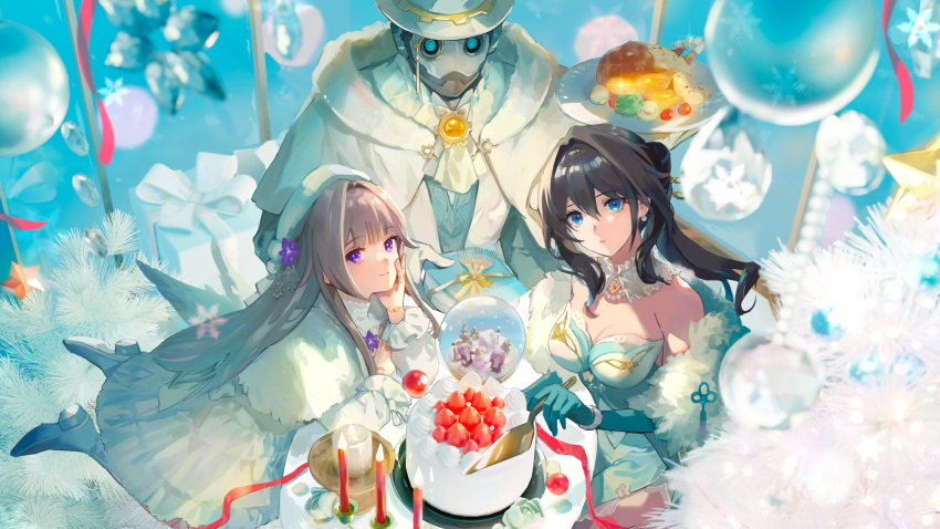 1boy 2girls absurdres alternate_costume aqua_eyes ascot bare_shoulders black_hair blurry breasts brown_hair cake candle cleavage closed_mouth depth_of_field doll_joints flower food gloves green_gloves herta_(honkai:_star_rail) highres holding holding_tray honkai:_star_rail honkai_(series) humanoid_robot joints kotone_ranmaru looking_at_viewer medium_breasts merry_christmas monocle multiple_girls pants parted_lips purple_eyes purple_flower robot ruan_mei_(honkai:_star_rail) screwllum_(honkai:_star_rail) smile snowflakes strawberry_cake tray white_ascot white_headwear white_pants