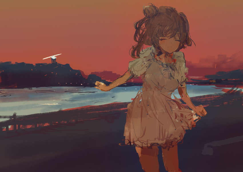 1girl absurdres bay beach blush bow bowtie brown_hair cevio closed_eyes closed_mouth commentary_request diffraction_spikes dress evening facing_viewer feet_out_of_frame hair_bun highres kabuyama_kaigi leaning_forward lighthouse long_hair outdoors pink_sky puffy_short_sleeves puffy_sleeves satou_sasara short_dress short_sleeves side_ponytail single_side_bun skirt_hold sky smile solo standing white_bow white_bowtie white_dress