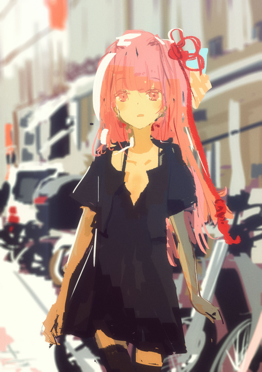 1girl absurdres alternate_costume arms_at_sides black_thighhighs blush car collarbone commentary_request cowboy_shot day dress hair_ribbon highres kabuyama_kaigi kotonoha_akane long_hair looking_at_viewer low-cut motor_vehicle motorcycle open_mouth outdoors pink_eyes pink_hair raised_eyebrows red_ribbon ribbon short_dress short_sleeves solo standing thighhighs urban voiceroid walking white_dress