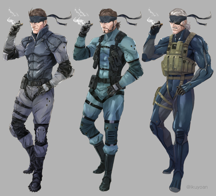 1boy age_progression armor bandana beard brown_hair cigarette facial_hair full_body grey_background grey_hair highres holding holding_cigarette ikuyoan male_focus metal_eyepatch metal_gear_(series) metal_gear_solid metal_gear_solid_2:_sons_of_liberty metal_gear_solid_4:_guns_of_the_patriots multiple_views mustache old old_man old_snake simple_background smoke sneaking_suit solid_snake