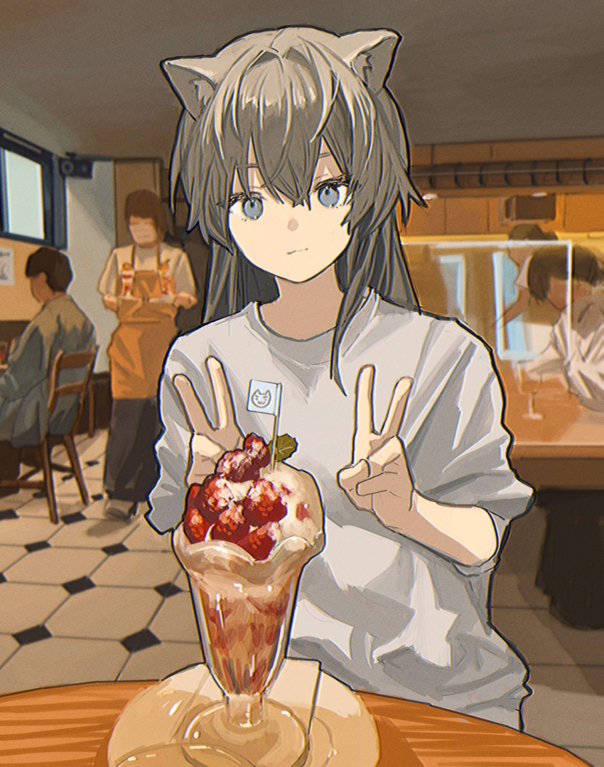 absurdres animal_ears brown_hair cat_ears double-parted_bangs double_v expressionless food grey_eyes hair_between_eyes highres ice_cream long_hair looking_at_viewer original restaurant scenery shirt short_sleeves sitting solo_focus sundae table v waitress white_shirt zumochi